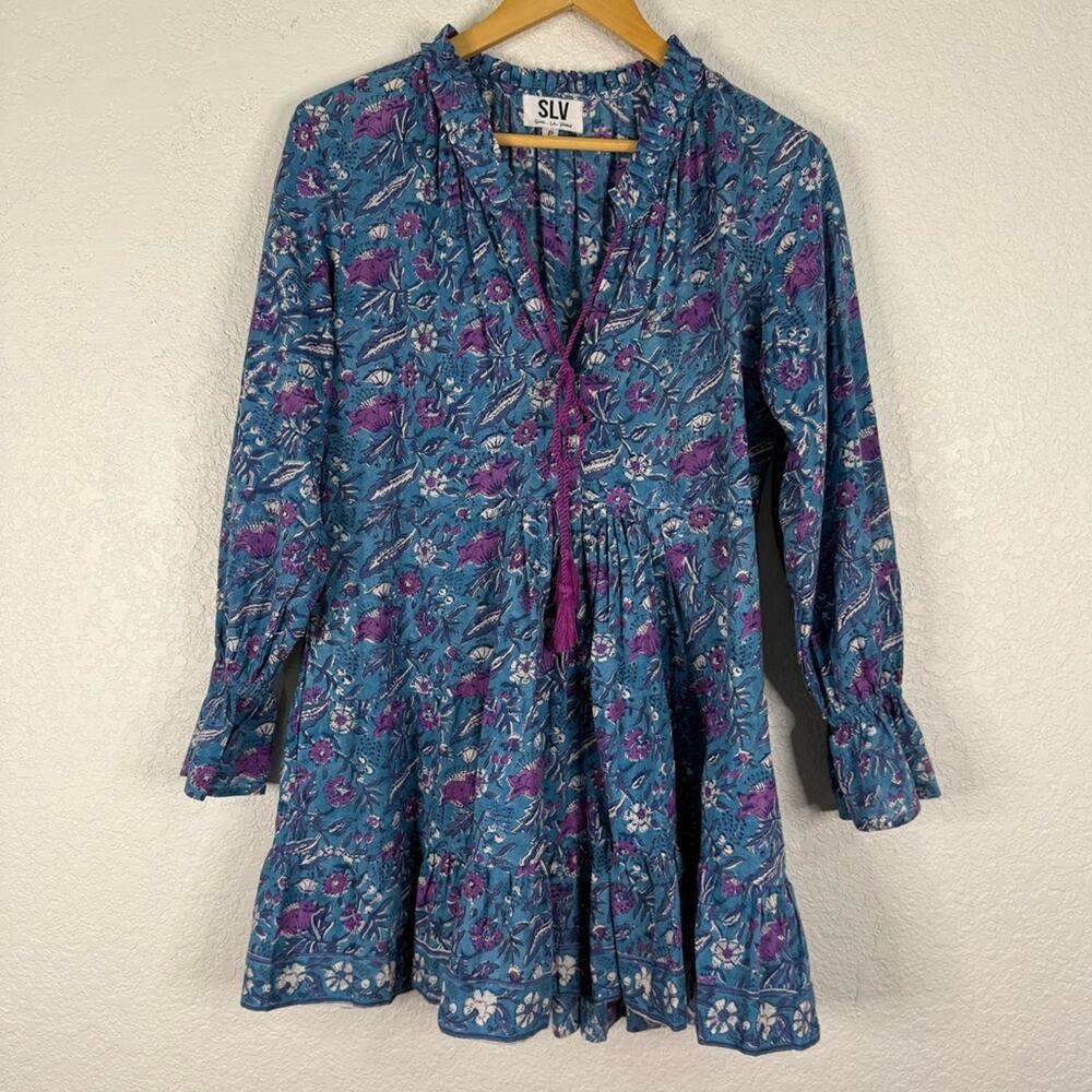 Sur La Vague SLV Boho Cotton Floral Print long sleeve mini dress Small Cottage